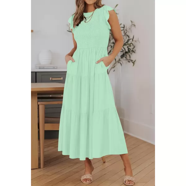 ZESICA Womens 2024 Summer Casual Flutter Short Sleeve Crew Neck Smocked Elastic Waist Tiered Midi DressMint