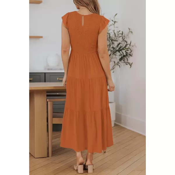 ZESICA Womens 2024 Summer Casual Flutter Short Sleeve Crew Neck Smocked Elastic Waist Tiered Midi DressOrange