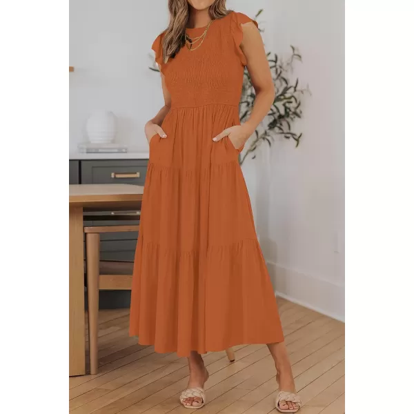 ZESICA Womens 2024 Summer Casual Flutter Short Sleeve Crew Neck Smocked Elastic Waist Tiered Midi DressOrange
