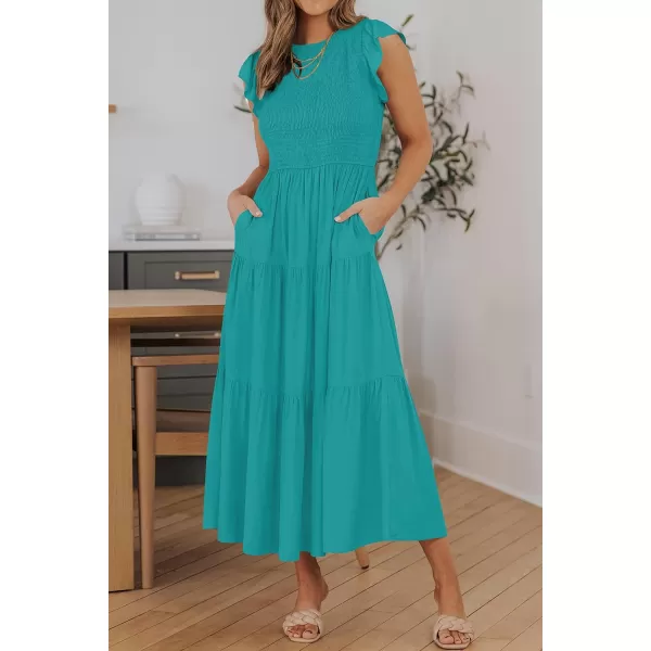 ZESICA Womens 2024 Summer Casual Flutter Short Sleeve Crew Neck Smocked Elastic Waist Tiered Midi DressPeacock