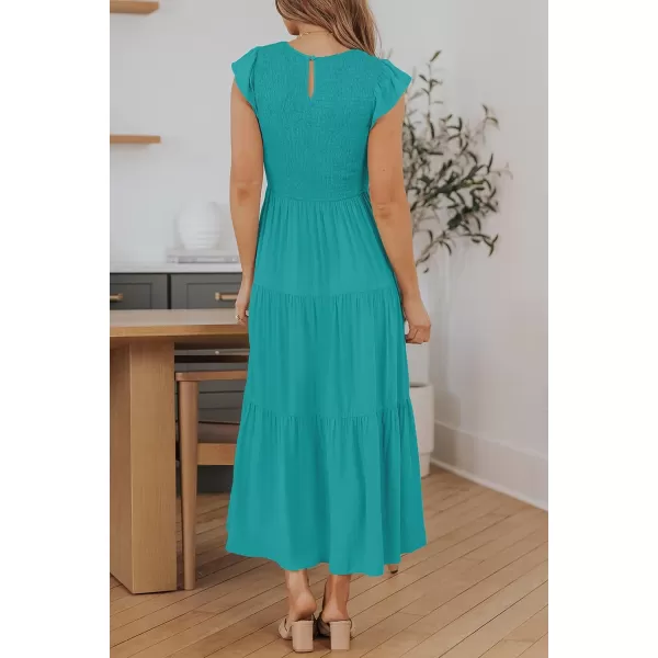 ZESICA Womens 2024 Summer Casual Flutter Short Sleeve Crew Neck Smocked Elastic Waist Tiered Midi DressPeacock