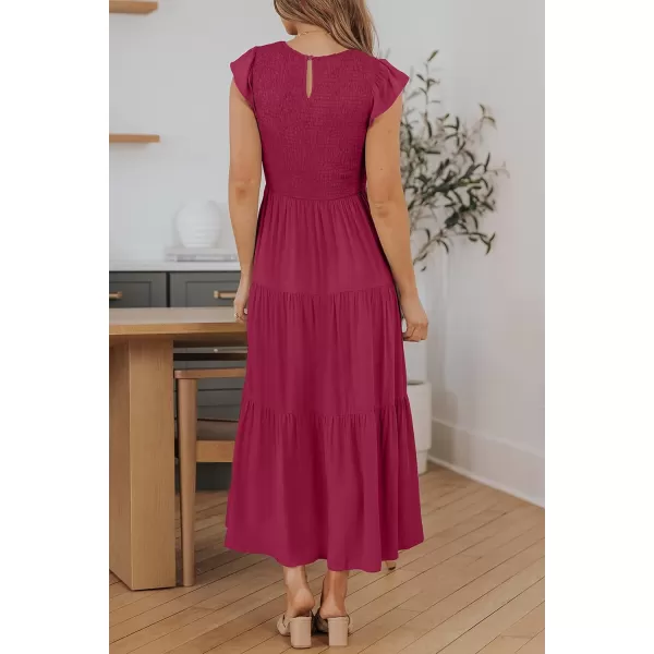 ZESICA Womens 2024 Summer Casual Flutter Short Sleeve Crew Neck Smocked Elastic Waist Tiered Midi DressPlum