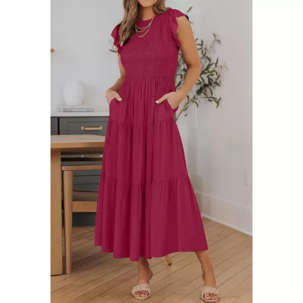 ZESICA Womens 2024 Summer Casual Flutter Short Sleeve Crew Neck Smocked Elastic Waist Tiered Midi DressPlum