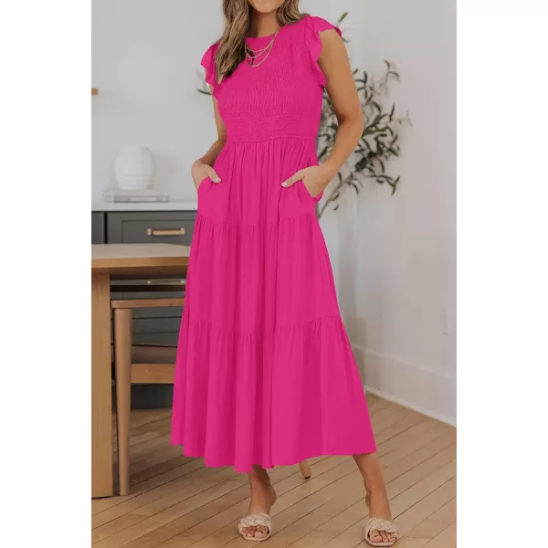 ZESICA Womens 2024 Summer Casual Flutter Short Sleeve Crew Neck Smocked Elastic Waist Tiered Midi DressRose