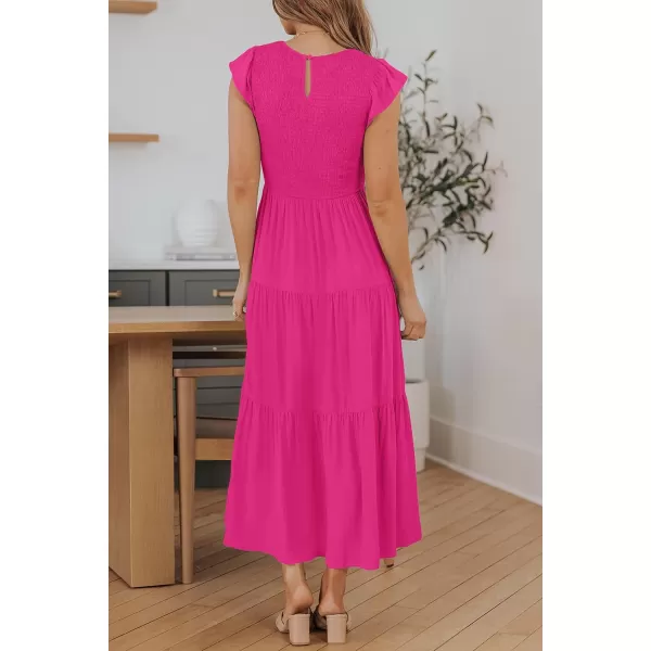 ZESICA Womens 2024 Summer Casual Flutter Short Sleeve Crew Neck Smocked Elastic Waist Tiered Midi DressRose