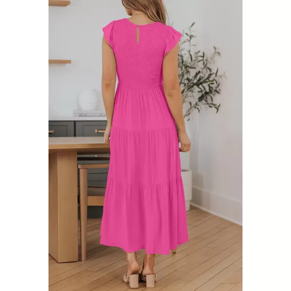 ZESICA Womens 2024 Summer Casual Flutter Short Sleeve Crew Neck Smocked Elastic Waist Tiered Midi DressRosepink