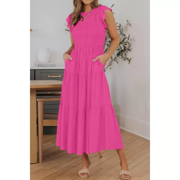 ZESICA Womens 2024 Summer Casual Flutter Short Sleeve Crew Neck Smocked Elastic Waist Tiered Midi DressRosepink