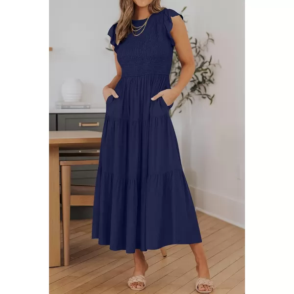 ZESICA Womens 2024 Summer Casual Flutter Short Sleeve Crew Neck Smocked Elastic Waist Tiered Midi DressRoyal Blue