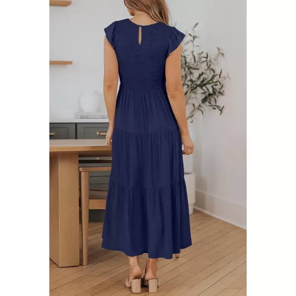 ZESICA Womens 2024 Summer Casual Flutter Short Sleeve Crew Neck Smocked Elastic Waist Tiered Midi DressRoyal Blue