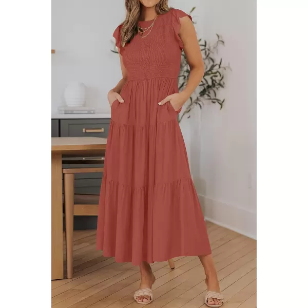 ZESICA Womens 2024 Summer Casual Flutter Short Sleeve Crew Neck Smocked Elastic Waist Tiered Midi DressRust