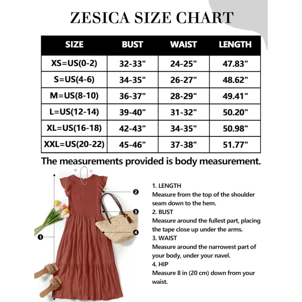 ZESICA Womens 2024 Summer Casual Flutter Short Sleeve Crew Neck Smocked Elastic Waist Tiered Midi DressRust