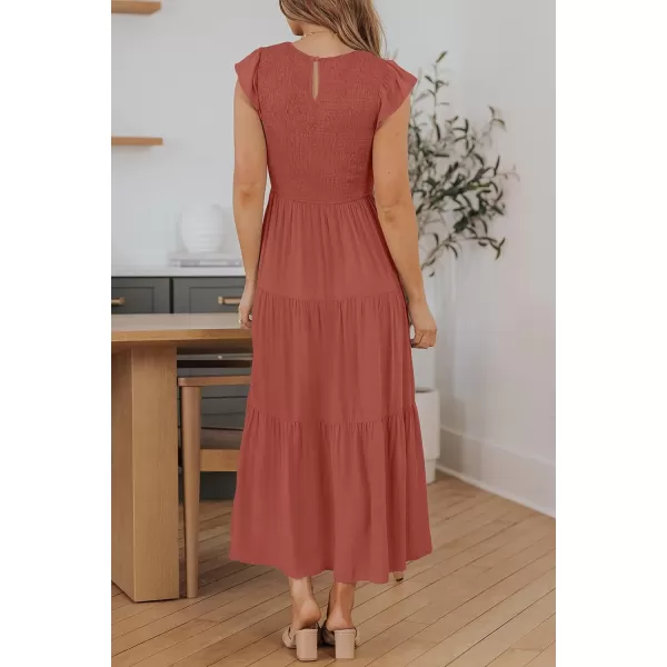ZESICA Womens 2024 Summer Casual Flutter Short Sleeve Crew Neck Smocked Elastic Waist Tiered Midi DressRust