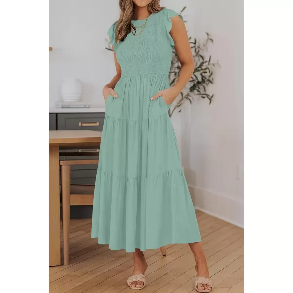 ZESICA Womens 2024 Summer Casual Flutter Short Sleeve Crew Neck Smocked Elastic Waist Tiered Midi DressSage