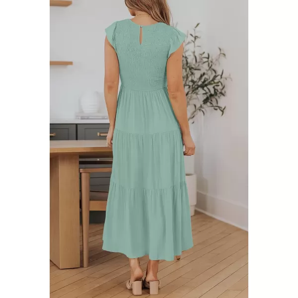 ZESICA Womens 2024 Summer Casual Flutter Short Sleeve Crew Neck Smocked Elastic Waist Tiered Midi DressSage
