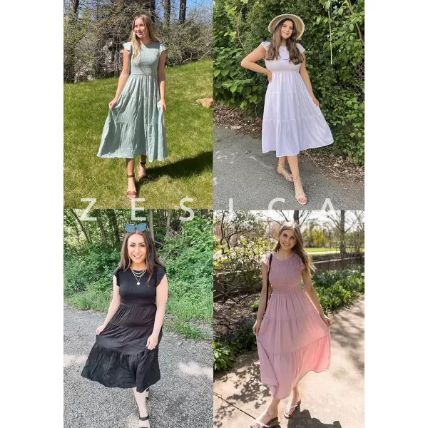 ZESICA Womens 2024 Summer Casual Flutter Short Sleeve Crew Neck Smocked Elastic Waist Tiered Midi DressSage