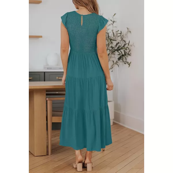 ZESICA Womens 2024 Summer Casual Flutter Short Sleeve Crew Neck Smocked Elastic Waist Tiered Midi DressTeal Green