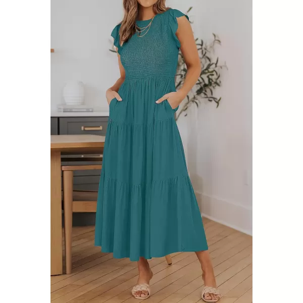 ZESICA Womens 2024 Summer Casual Flutter Short Sleeve Crew Neck Smocked Elastic Waist Tiered Midi DressTeal Green