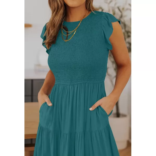 ZESICA Womens 2024 Summer Casual Flutter Short Sleeve Crew Neck Smocked Elastic Waist Tiered Midi DressTeal Green