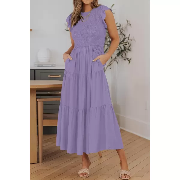 ZESICA Womens 2024 Summer Casual Flutter Short Sleeve Crew Neck Smocked Elastic Waist Tiered Midi DressViolet