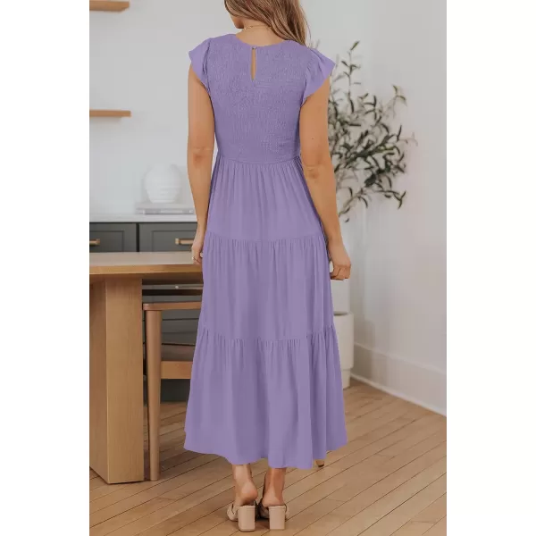 ZESICA Womens 2024 Summer Casual Flutter Short Sleeve Crew Neck Smocked Elastic Waist Tiered Midi DressViolet