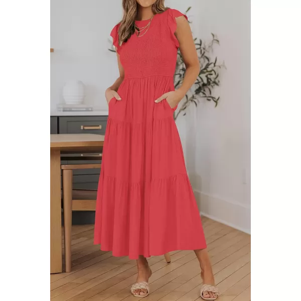 ZESICA Womens 2024 Summer Casual Flutter Short Sleeve Crew Neck Smocked Elastic Waist Tiered Midi DressWatermelonred