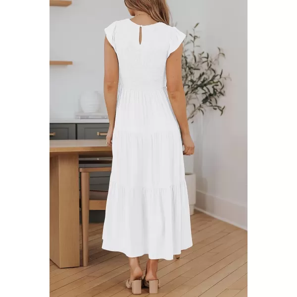 ZESICA Womens 2024 Summer Casual Flutter Short Sleeve Crew Neck Smocked Elastic Waist Tiered Midi DressWhite