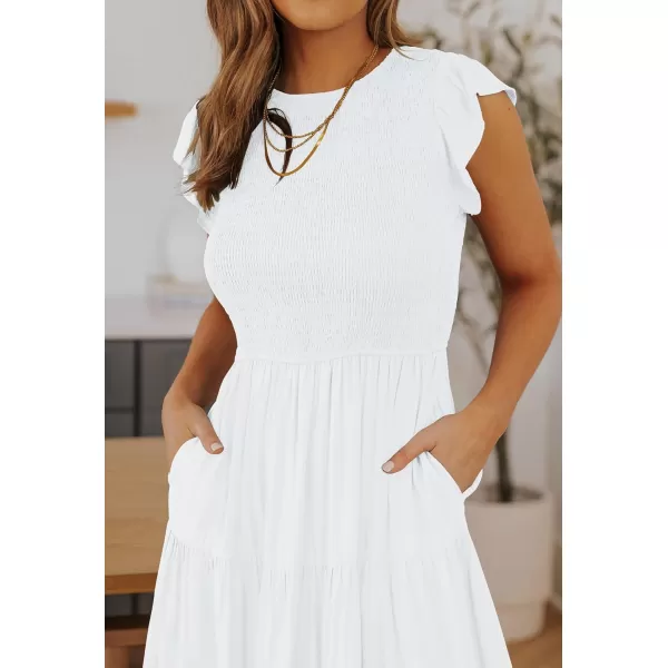 ZESICA Womens 2024 Summer Casual Flutter Short Sleeve Crew Neck Smocked Elastic Waist Tiered Midi DressWhite