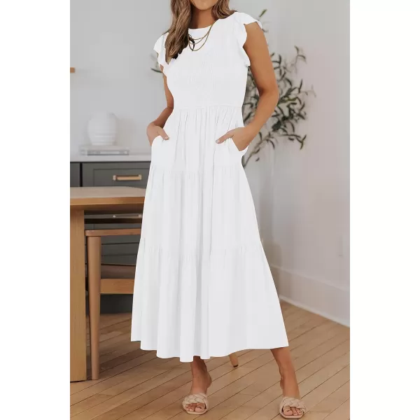 ZESICA Womens 2024 Summer Casual Flutter Short Sleeve Crew Neck Smocked Elastic Waist Tiered Midi DressWhite