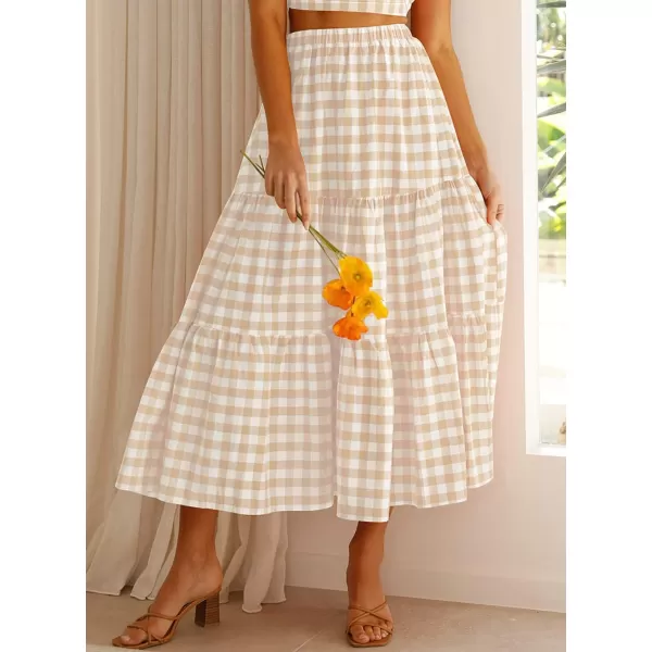 ZESICA Womens 2024 Summer Plaid Flower Elastic High Waist Flowy A Line Maxi Skirt with PocketsApricot
