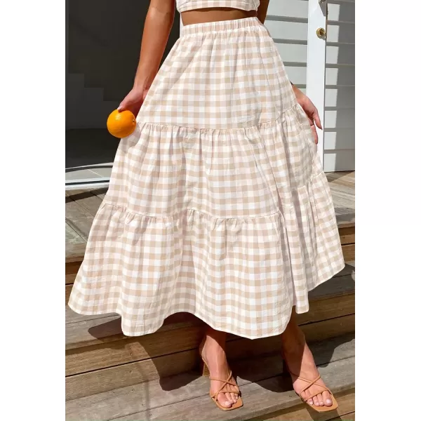 ZESICA Womens 2024 Summer Plaid Flower Elastic High Waist Flowy A Line Maxi Skirt with PocketsApricot