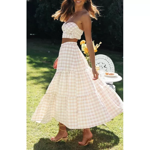 ZESICA Womens 2024 Summer Plaid Flower Elastic High Waist Flowy A Line Maxi Skirt with PocketsApricot