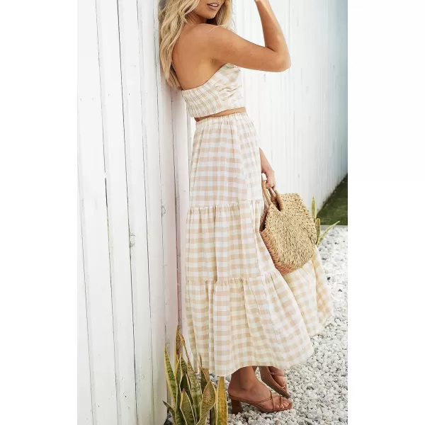 ZESICA Womens 2024 Summer Plaid Flower Elastic High Waist Flowy A Line Maxi Skirt with PocketsApricot