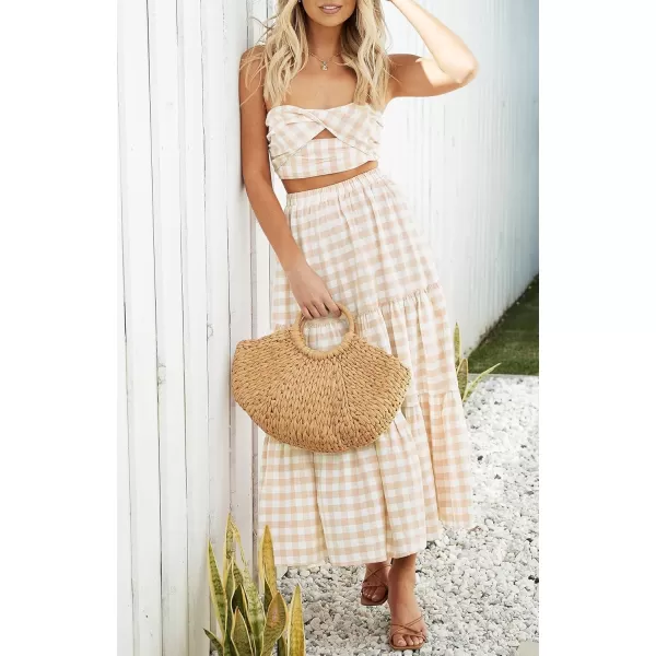 ZESICA Womens 2024 Summer Plaid Flower Elastic High Waist Flowy A Line Maxi Skirt with PocketsApricot