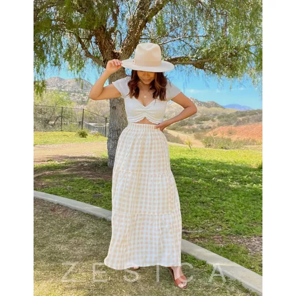 ZESICA Womens 2024 Summer Plaid Flower Elastic High Waist Flowy A Line Maxi Skirt with PocketsApricot