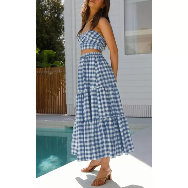 ZESICA Womens 2024 Summer Plaid Flower Elastic High Waist Flowy A Line Maxi Skirt with PocketsDustyblue