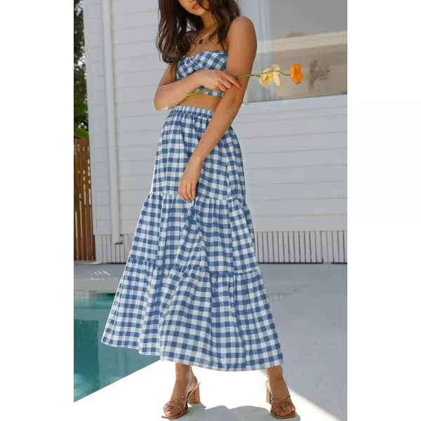 ZESICA Womens 2024 Summer Plaid Flower Elastic High Waist Flowy A Line Maxi Skirt with PocketsDustyblue