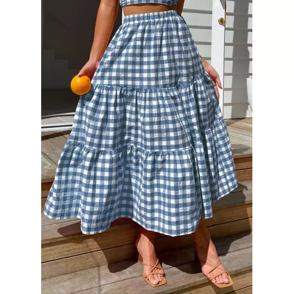 ZESICA Womens 2024 Summer Plaid Flower Elastic High Waist Flowy A Line Maxi Skirt with PocketsDustyblue