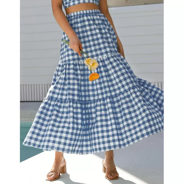 ZESICA Womens 2024 Summer Plaid Flower Elastic High Waist Flowy A Line Maxi Skirt with PocketsDustyblue