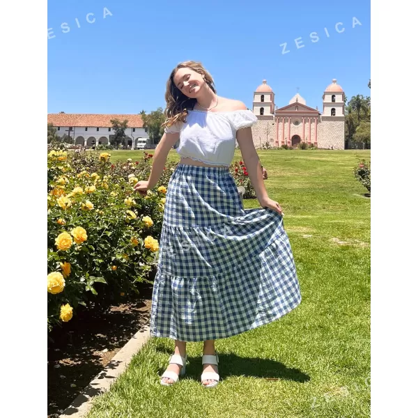 ZESICA Womens 2024 Summer Plaid Flower Elastic High Waist Flowy A Line Maxi Skirt with PocketsDustyblue