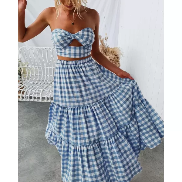 ZESICA Womens 2024 Summer Plaid Flower Elastic High Waist Flowy A Line Maxi Skirt with PocketsDustyblue