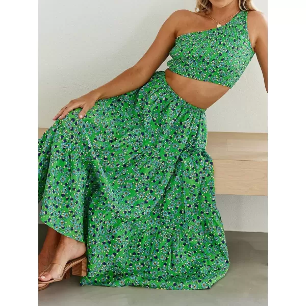 ZESICA Womens 2024 Summer Plaid Flower Elastic High Waist Flowy A Line Maxi Skirt with PocketsGrassgreen