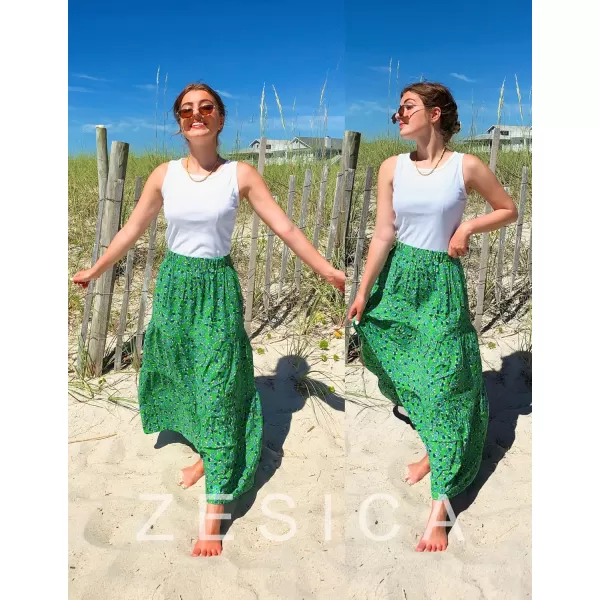 ZESICA Womens 2024 Summer Plaid Flower Elastic High Waist Flowy A Line Maxi Skirt with PocketsGrassgreen