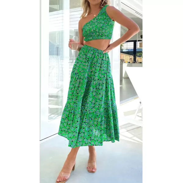 ZESICA Womens 2024 Summer Plaid Flower Elastic High Waist Flowy A Line Maxi Skirt with PocketsGrassgreen