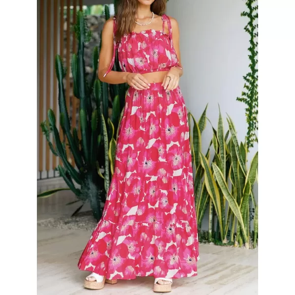 ZESICA Womens 2024 Summer Plaid Flower Elastic High Waist Flowy A Line Maxi Skirt with PocketsMagenta