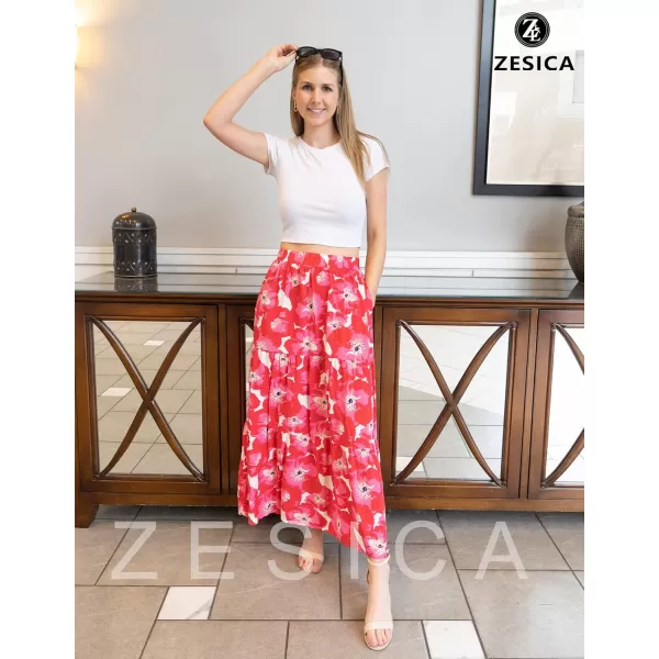 ZESICA Womens 2024 Summer Plaid Flower Elastic High Waist Flowy A Line Maxi Skirt with PocketsMagenta