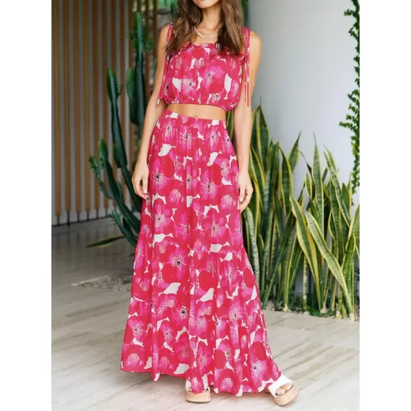 ZESICA Womens 2024 Summer Plaid Flower Elastic High Waist Flowy A Line Maxi Skirt with PocketsMagenta