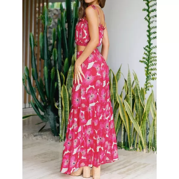 ZESICA Womens 2024 Summer Plaid Flower Elastic High Waist Flowy A Line Maxi Skirt with PocketsMagenta