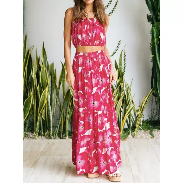 ZESICA Womens 2024 Summer Plaid Flower Elastic High Waist Flowy A Line Maxi Skirt with PocketsMagenta