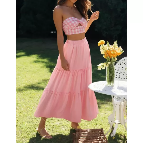 ZESICA Womens 2024 Summer Plaid Flower Elastic High Waist Flowy A Line Maxi Skirt with PocketsPink