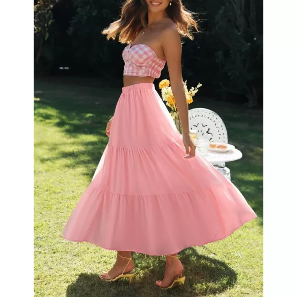 ZESICA Womens 2024 Summer Plaid Flower Elastic High Waist Flowy A Line Maxi Skirt with PocketsPink
